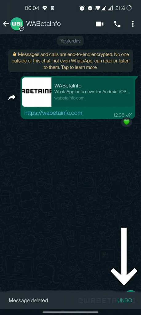 لقطة شاشة الدردشة التي نشرها WaBetaInfo لعرض ميزة واتساب الجديدة