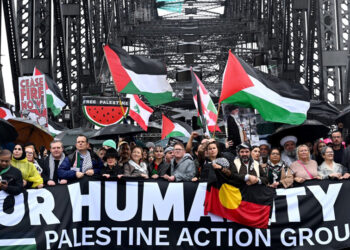 Assange joins pro-Palestinian protest on Sydney Harbour Bridge